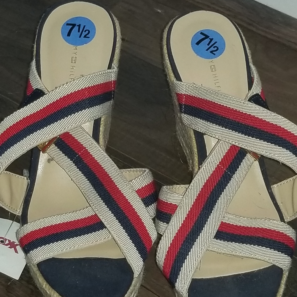 Tommy Hilfiger, red, white and blue wedges.